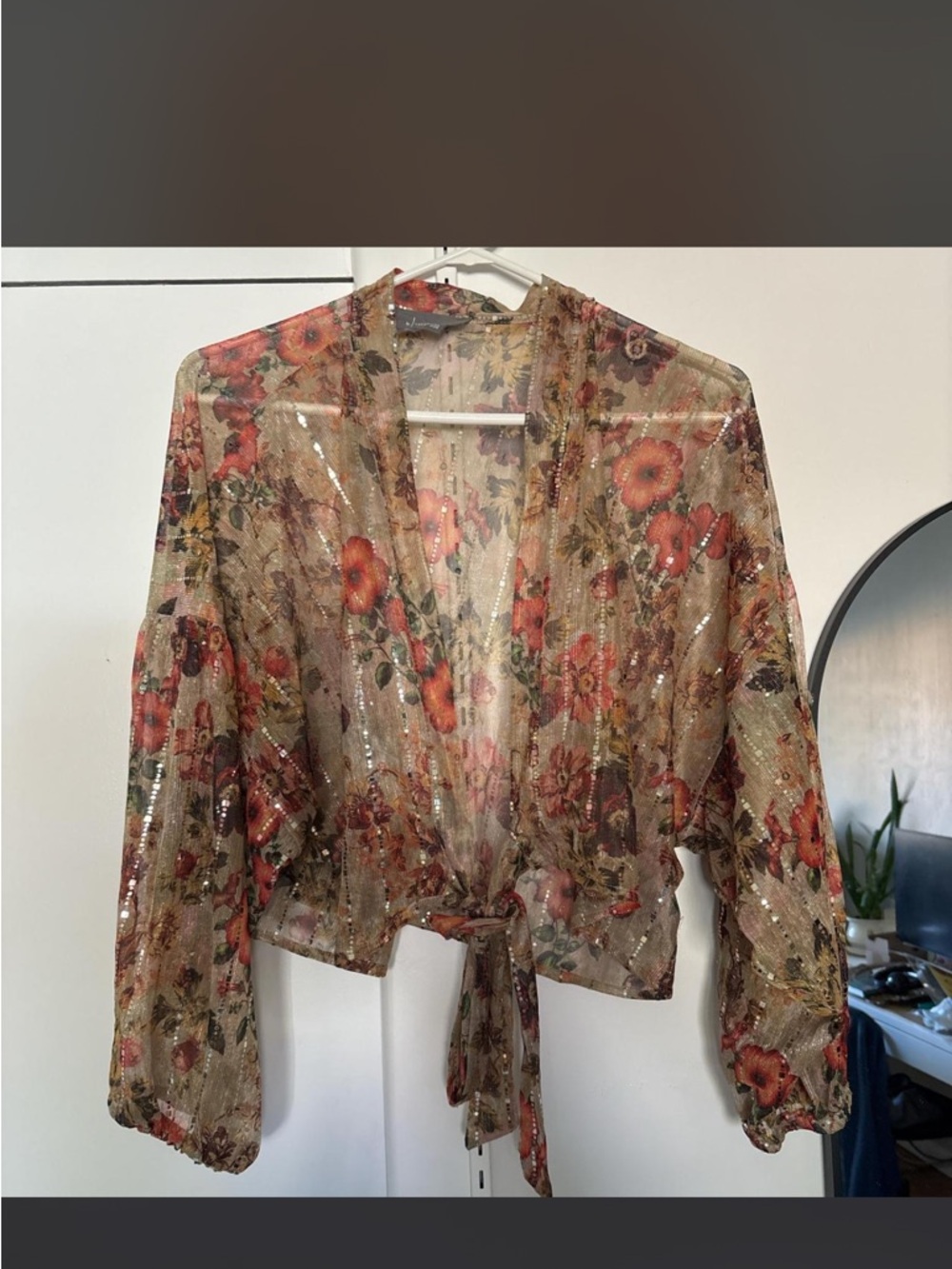 Anthropologie Sheer Beige Floral Tie-Front Blouse with Coral and Green